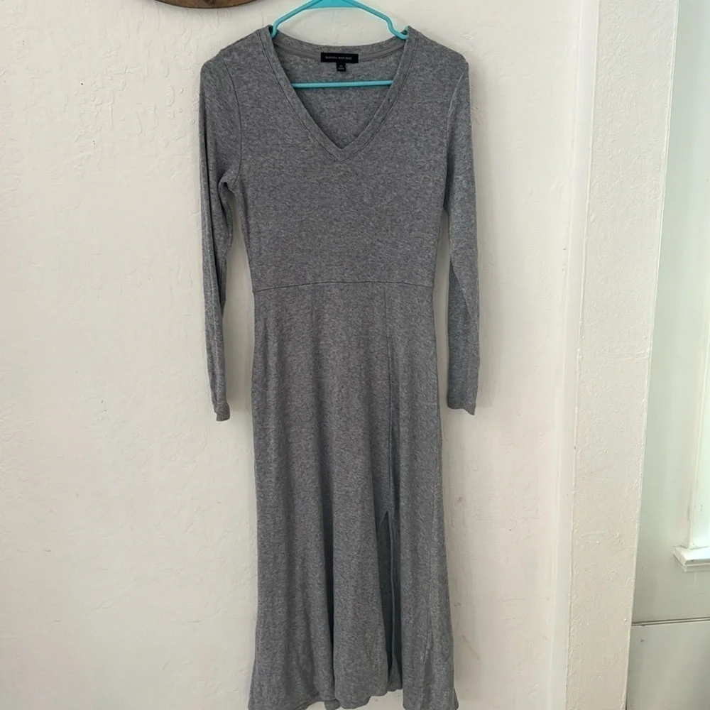 Banana Republic Gray Fine Knit Viscose Rayon Midi Maxi Slit Dress XS - Picture 2 of 9